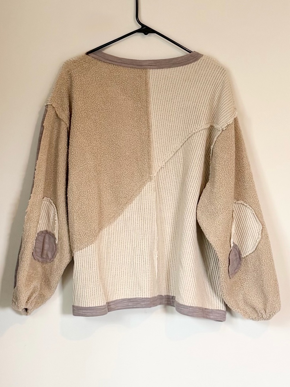 POL Patchwork Quarter Zip Pullover in Taupe and Beige - Size: Small - Picture 8 of 14